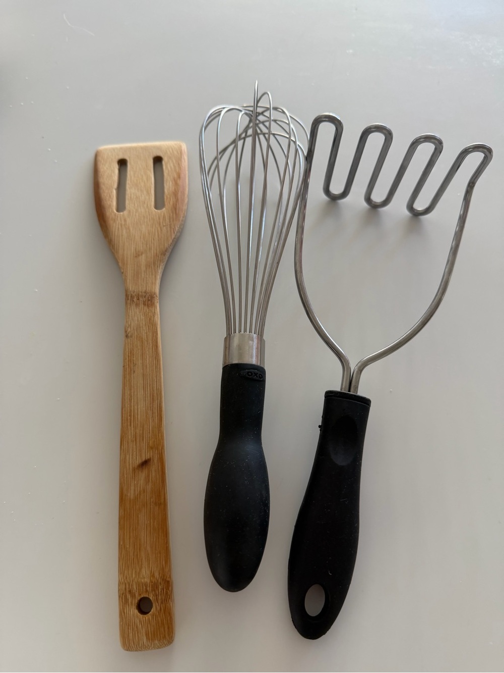 Assorted Kitchen Utensils | Stainless Whisk & Masher Set and Wooden Spatula